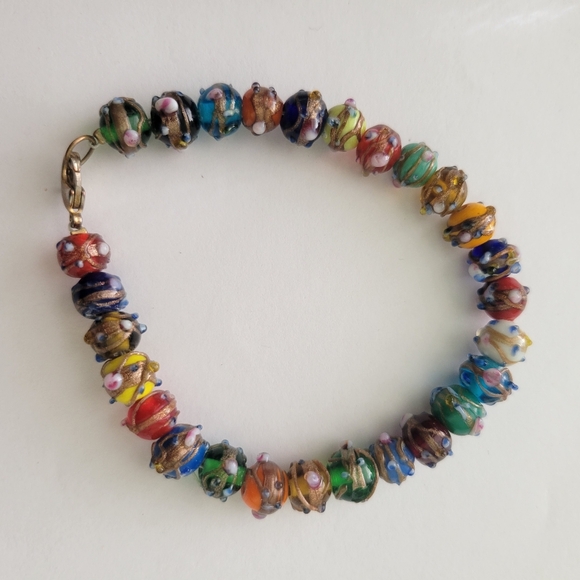 Vtg Wedding cake art glass Beaded Bracelet Statement Multicolor Venetian 7 1/4" - Picture 9 of 13